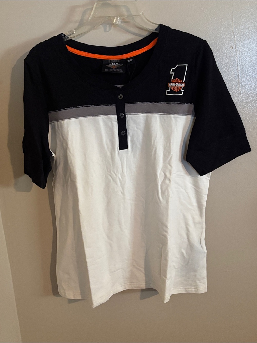 Harley-Davidson Women’s Black, White & Orange Colorblock Henley TShirt